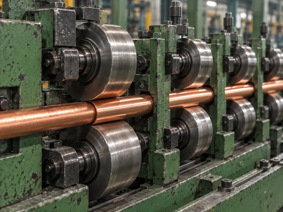 Illustration of copper rod passing through processing rollers