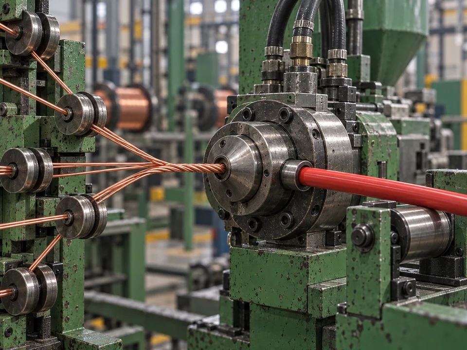 Illustration of conductor strands entering a cable production line