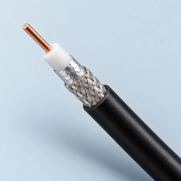 Coaxial cable showing its conductor, insulation and braided shield