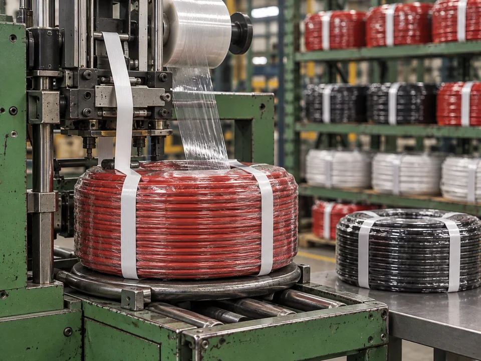 Finished cable coils being wrapped for storage