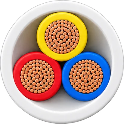 Cross-section of a round three-core flexible cable: yellow, red and blue cores packed with fine copper strands inside a white sheath