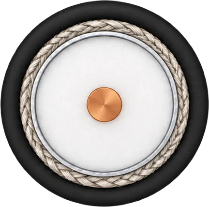 Cross-section of a coaxial cable: centre conductor, white dielectric, thin foil screen, woven braid and black jacket in concentric rings