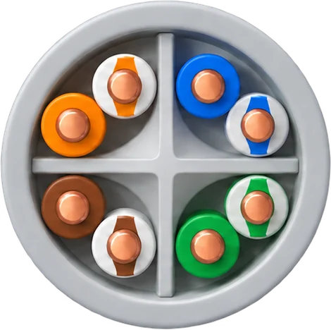 Cross-section of a CAT6 UTP cable: eight copper conductors in four colour-coded pairs, divided by a cross-shaped separator inside a grey jacket