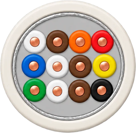 Cross-section of a screened communication cable: twelve colour-coded cores with copper centres inside a foil wrap and pale outer sheath