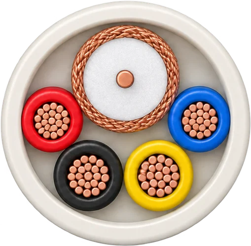 Cross-section of a CCTV combination cable: a braided coaxial core above red, black, yellow and blue stranded copper cores inside a pale sheath