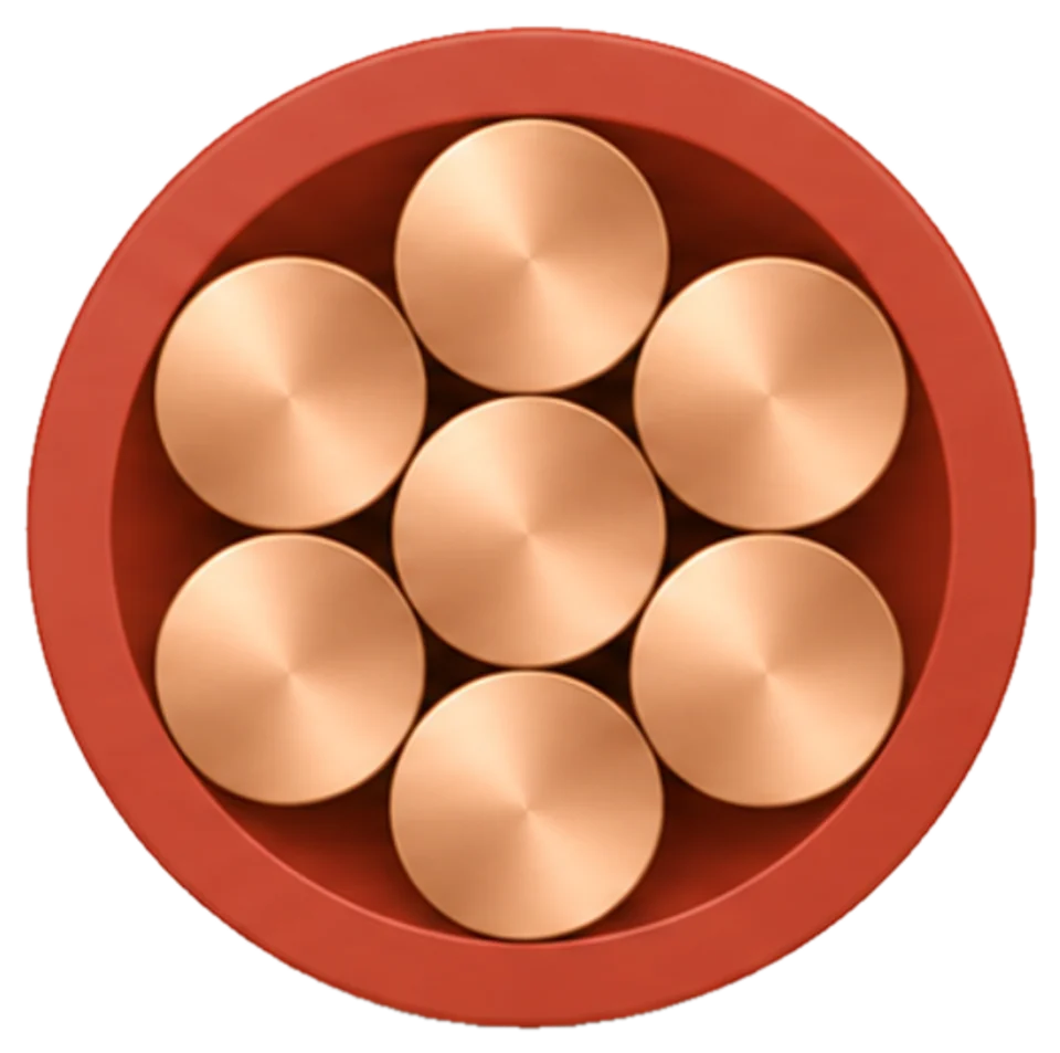 Cross-section of a seven-strand house wire: seven round copper strands inside a ring of red PVC insulation
