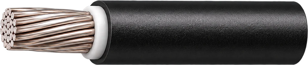 Stripped solar DC cable: twisted fine copper strands leaving a white insulation layer and a black outer sheath
