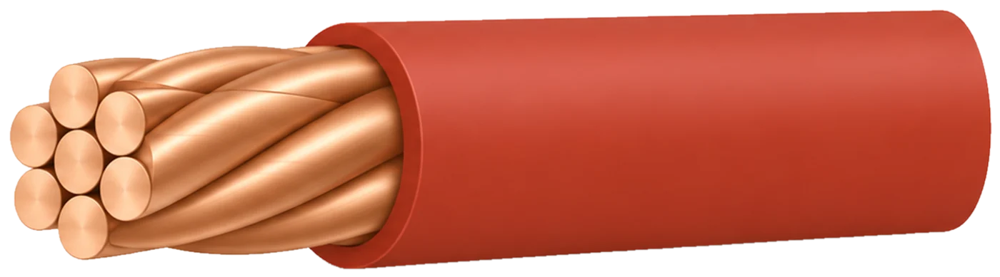 Stripped house wire: seven twisted copper strands leaving the red PVC insulation