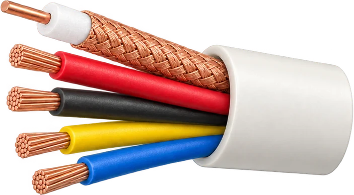 Stripped CCTV combination cable: coaxial core with centre conductor, dielectric and braid, plus four coloured copper cores leaving a pale sheath