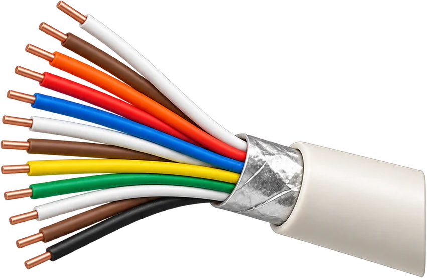 Stripped communication cable: twelve colour-coded cores with copper tips leaving a foil wrap and pale outer sheath