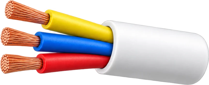 Stripped round flexible cable: three fine-stranded copper ends in yellow, blue and red insulation leaving a white sheath