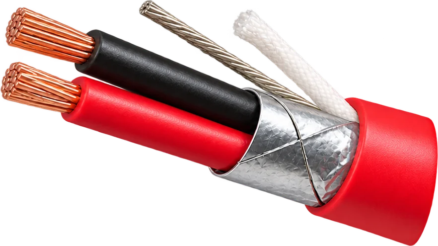 Stripped fire alarm cable: copper conductors in black and red insulation, drain wire, white ripcord and foil screen leaving the red sheath