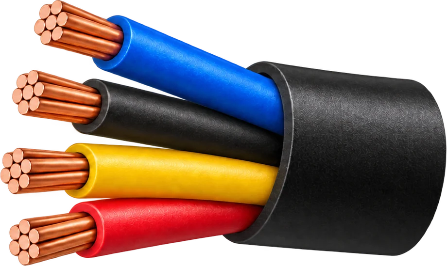 Stripped four-core power cable: blue, black, yellow and red cores with stranded copper ends leaving a black outer sheath