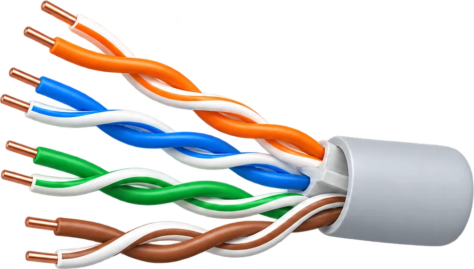 Stripped CAT6 UTP cable: four twisted pairs with solid copper tips leaving the central separator and grey jacket