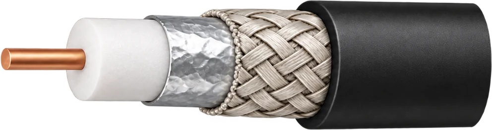 Stripped coaxial cable showing the centre conductor, white dielectric, foil screen, braided screen and black jacket in steps