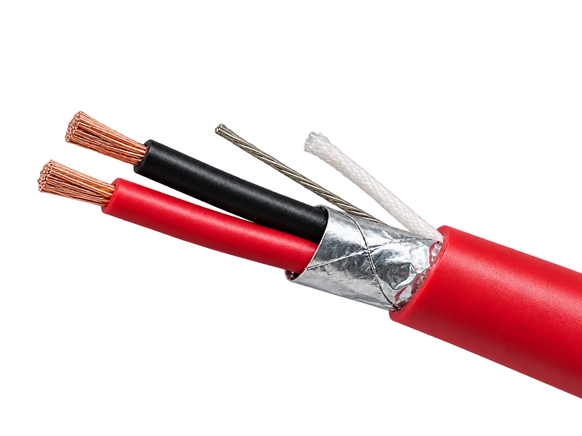 Fire alarm cable with red and black insulated copper cores, foil screen, drain wire and white ripcord leaving a red outer sheath