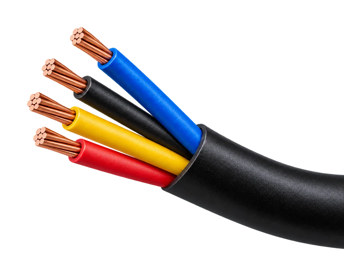 Four-core power cable with red, yellow, blue and black insulated cores and stranded copper conductors leaving a black outer sheath