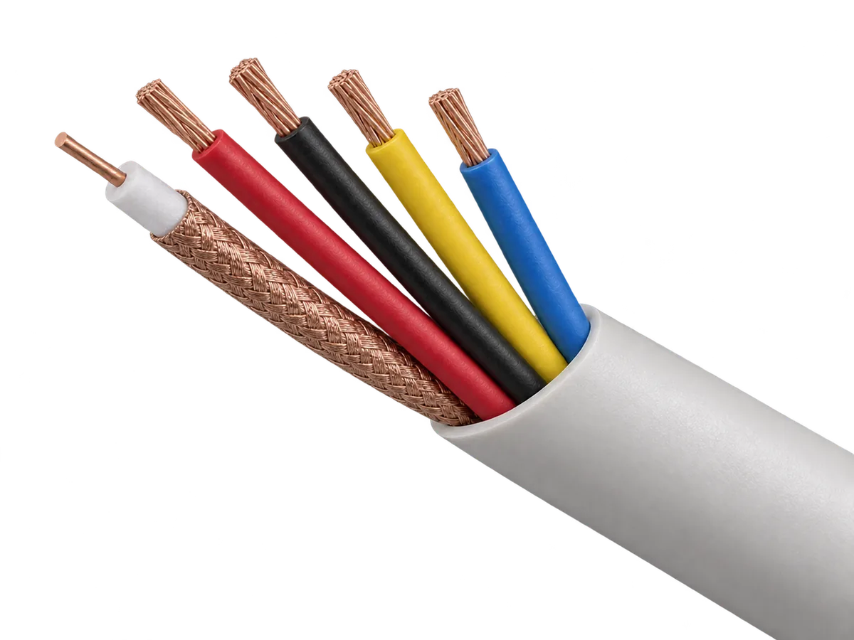 CCTV combination cable: a braided coaxial core and red, black, yellow and blue copper cores leaving a pale outer sheath