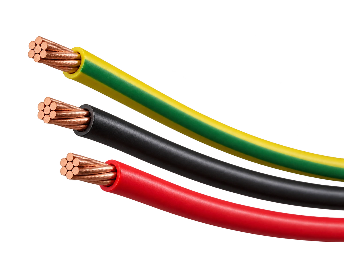Red, black and yellow-green single-core house wires with stripped seven-strand copper ends