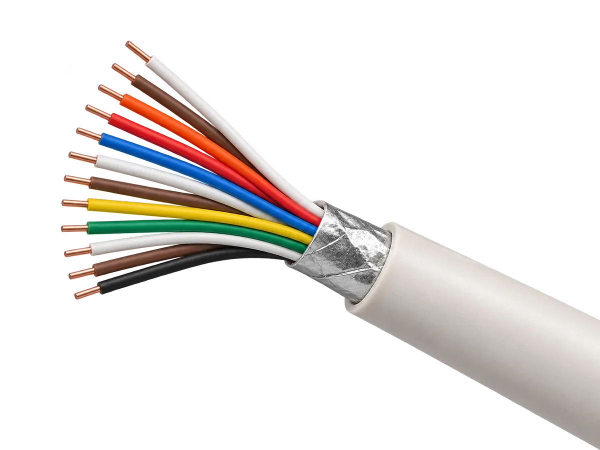 Multi-core communication cable with twelve colour-coded copper cores fanning out from a foil wrap and pale outer sheath