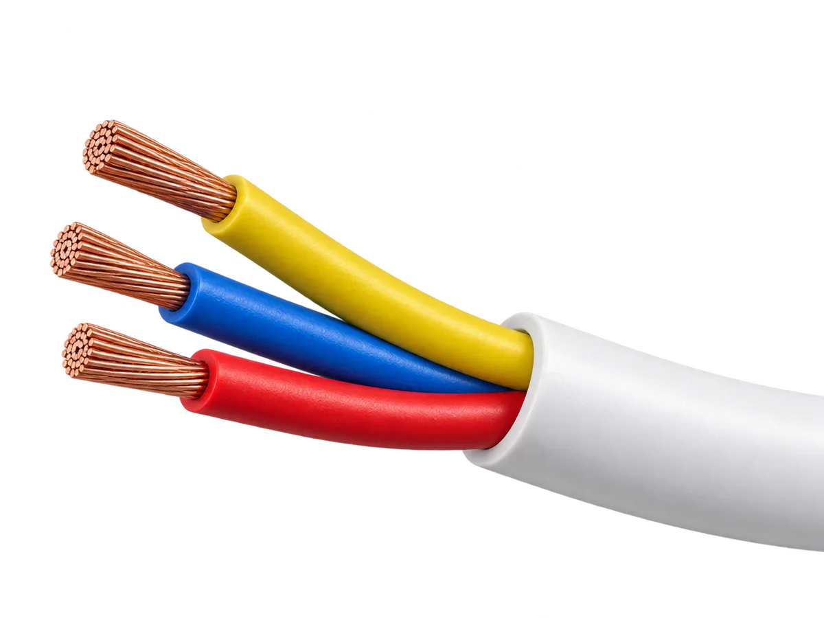 Round three-core flexible cable with yellow, blue and red insulated cores and fine-stranded copper ends leaving a white outer sheath