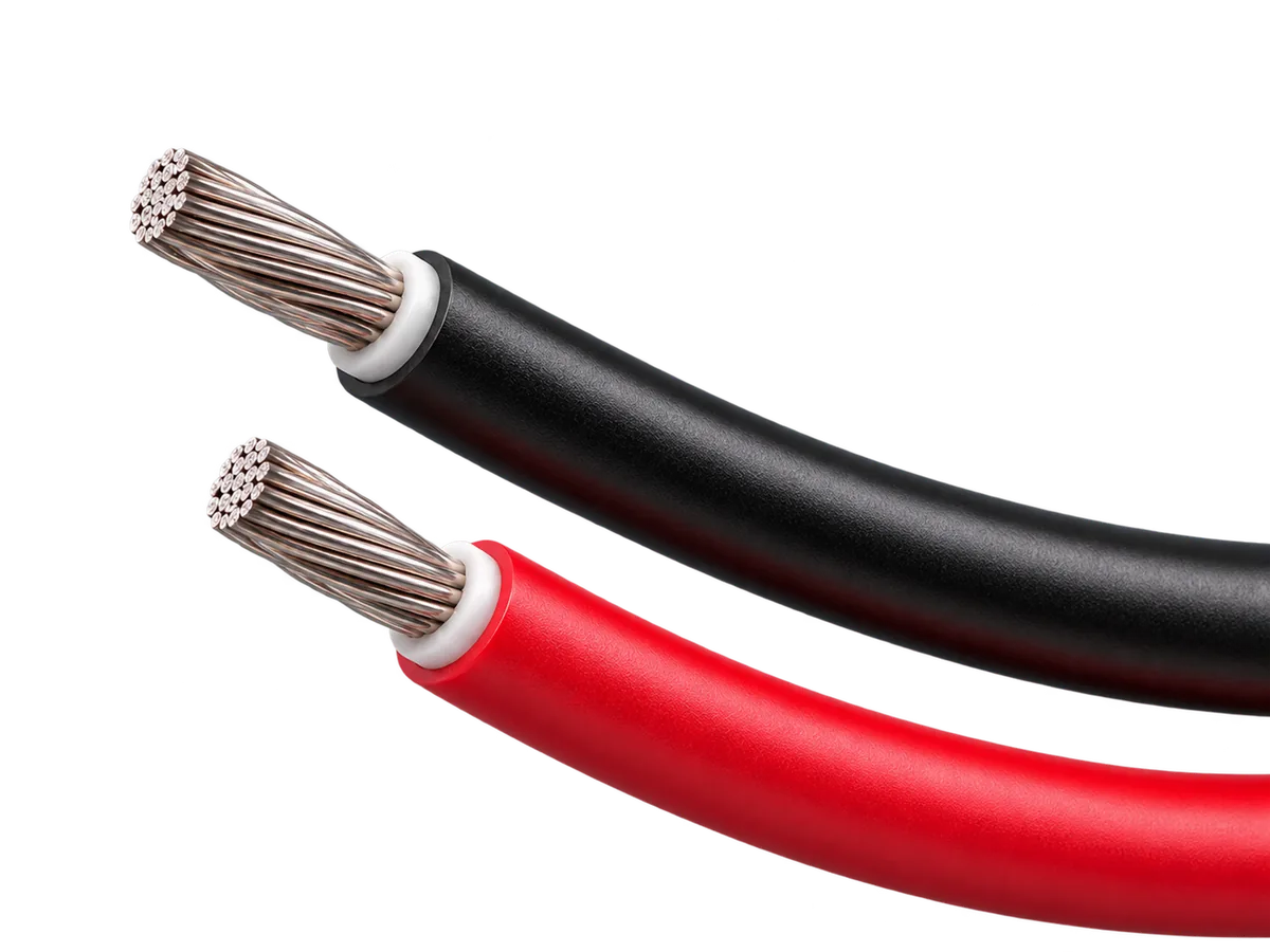Black and red single-core solar DC cables with stripped, finely stranded tin-coated copper ends and white inner insulation