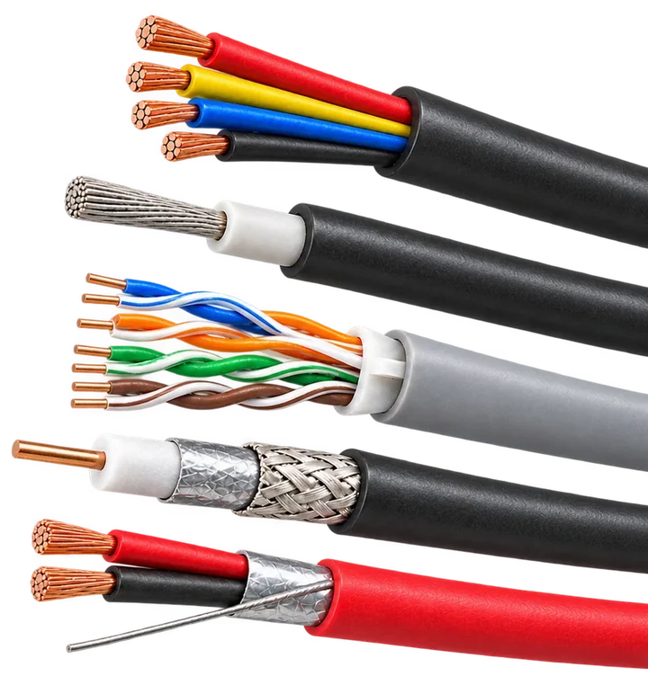 Five Aziz Cables product types with exposed conductors: power, solar DC, CAT6, coaxial and fire alarm cable